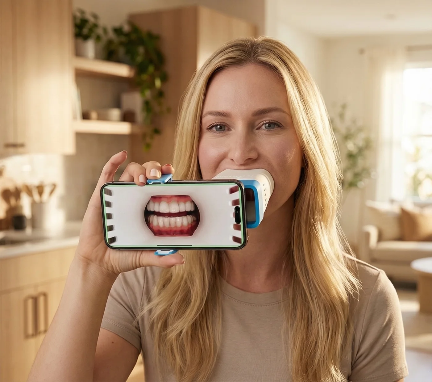 An Invisalign patient taking a progress photo at home